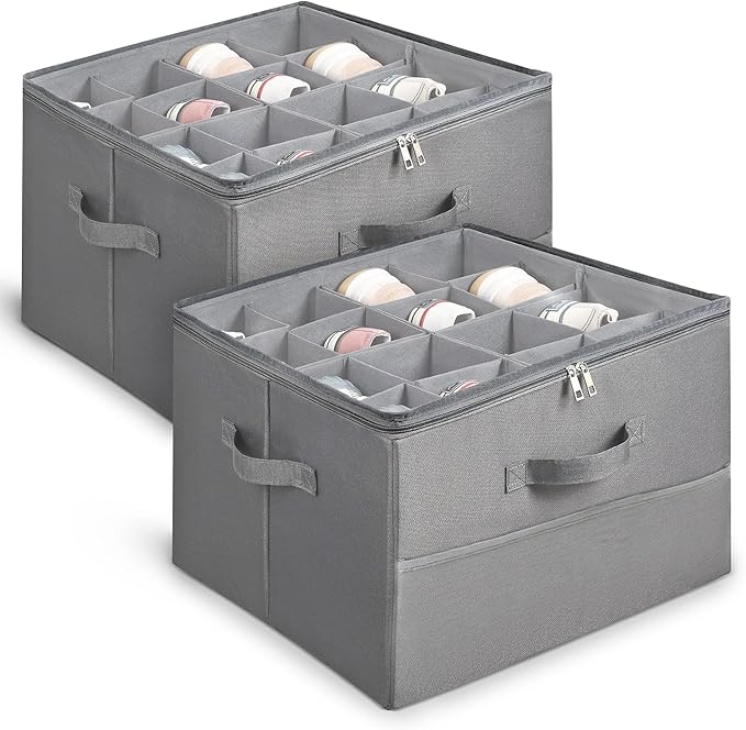 Under Bed Shoe Storage Organizer 16 Compartment, Foldable Shoe Organizer Under Bed with Clear PVC Lid, Shoe Storage Box with Zipper & Handle for Closet Bedroom, Grey, Pack of 2