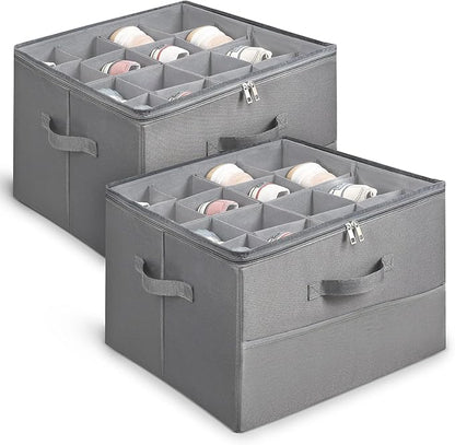 Under Bed Shoe Storage Organizer 16 Compartment, Foldable Shoe Organizer Under Bed with Clear PVC Lid, Shoe Storage Box with Zipper & Handle for Closet Bedroom, Grey, Pack of 2