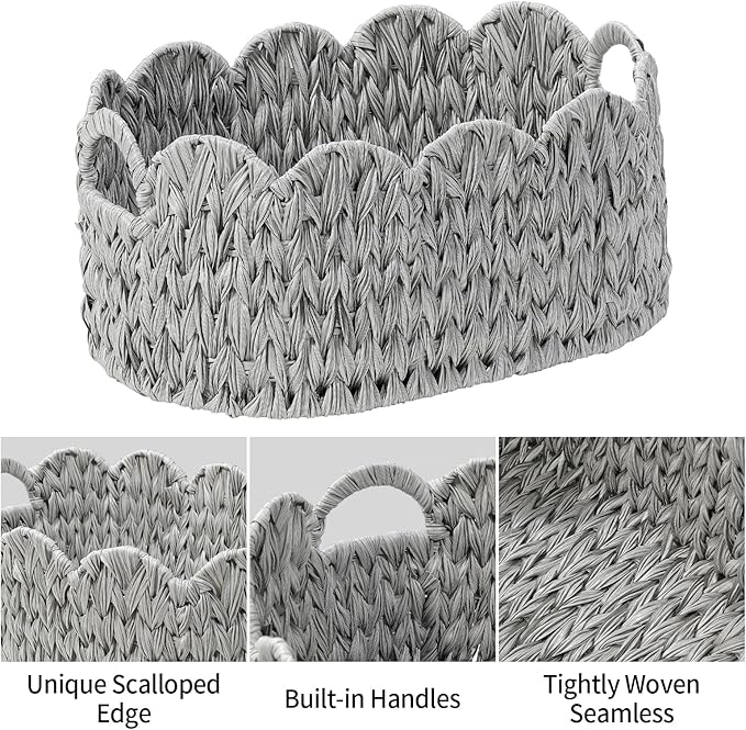 Coeusy Wicker Scalloped Basket Set of 2,Woven Storage Baskets for Shelves,Closet,Laundry,Gift,Towels,Books,Toys,Waterproof Cute Decor Basket for Organizing,Grey
