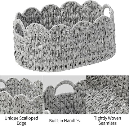 Coeusy Wicker Scalloped Basket Set of 2,Woven Storage Baskets for Shelves,Closet,Laundry,Gift,Towels,Books,Toys,Waterproof Cute Decor Basket for Organizing,Grey