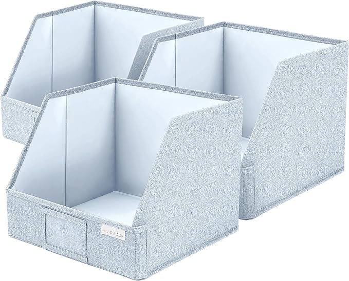 VIVIDECOR Open Front Trapezoid Closet Bins 12x12x10 – Easy Access Shelf Organizer for Folded Clothes, Fabric Storage Baskets for Sweaters, Towels, Linen – Light Blue, 3 Pack