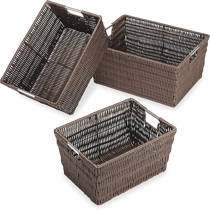 Whitmor Rattique Java Set of 3 Pieces Storage Baskets -Small (8.5"x11.4"x5.5"), Medium (9.8"x13"x6") and Large (11.4"x14.6"x6.5")