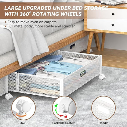 PHINOX Under Bed Storage Containers with Wheels - Shoe Storage Organizer Drawer, Tool-free Assembly Metal Underbed Storage Containers for Bedroom Clothes, Shoes, Blankets - 2Pack