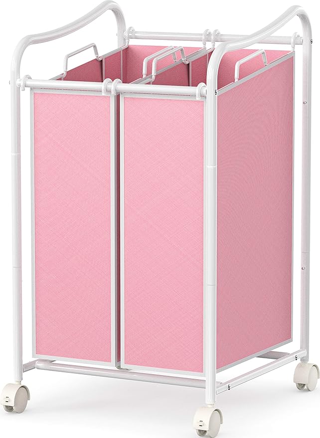 Simple Houseware 2-Bag Heavy Duty Rolling Laundry Sorter Cart, White/Pink – 2 Section Removable Bags and Lockable Wheels for Laundry Room Organization