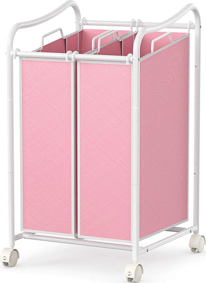 Simple Houseware 2-Bag Heavy Duty Rolling Laundry Sorter Cart, White/Pink – 2 Section Removable Bags and Lockable Wheels for Laundry Room Organization