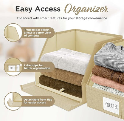 VIVIDECOR Open Front Closet Storage Bins 12x12x10 – Trapezoid Shelf Organizer, Easy Access Fabric Baskets for Clothes, Towels – Beige, 3 Pack
