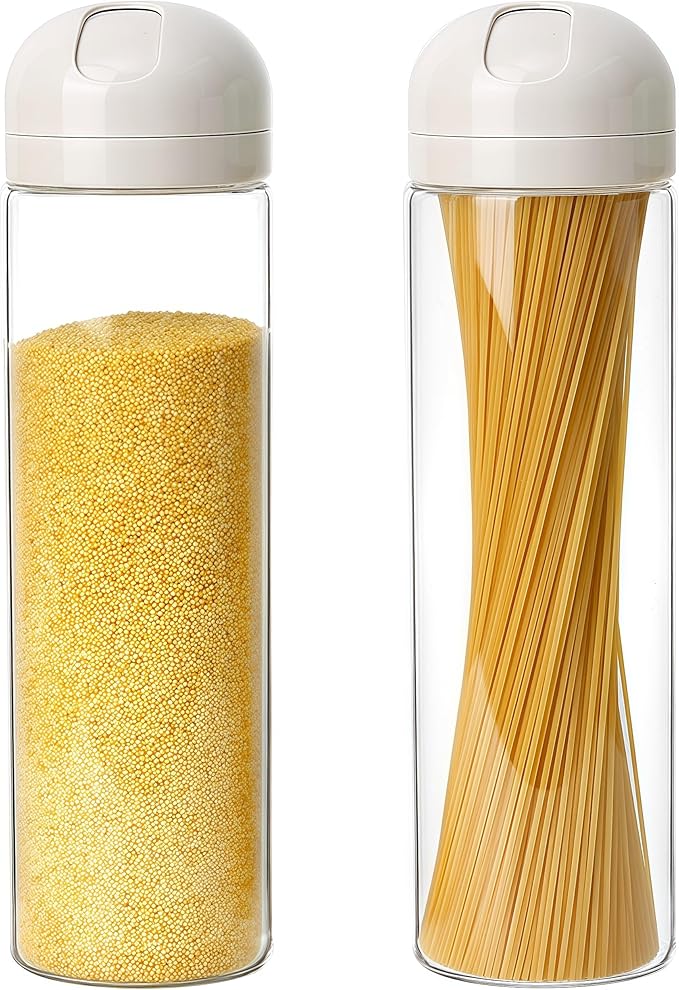2-Pack Glass Spaghetti Storage Jars with Twist & Pour Measuring Lids, 67 oz Tall Pasta Containers, Borosilicate Glass Canisters for Pantry Organization (White*2)