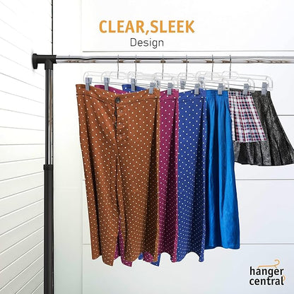 Premium 14 Inch Clear Pants Hangers with Adjustable Clips - 25 Pack Space-Saving Skirt Hangers - Non-Slip Heavy Duty Plastic Closet Organizers with 360° Swivel Hook
