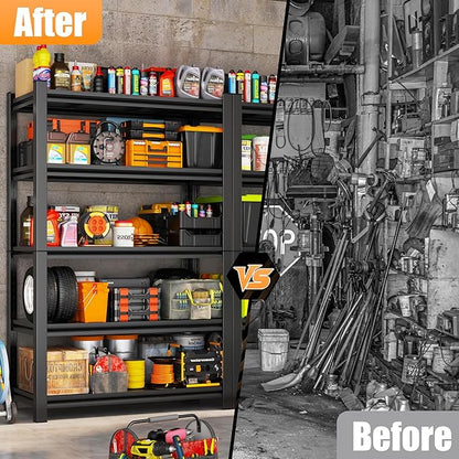 71.2" H Garage Shelving, 5 Tier Storage Shelves Load 3000 lbs, Adjustable Garage Shelves, Metal Shelving Unit for Warehouse, Basement, Pantry, 35.4" Wx 15.7" D x 71.2" H, Black