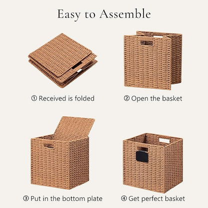 UBBCARE 2 Pack Wicker Basket, 13×13 Storage Cubes with Label, Foldable Cube Storage Bin with Handle, Square Storage Basket for Shelves, Woven Paper Rope Basket for Organizing, Caramel