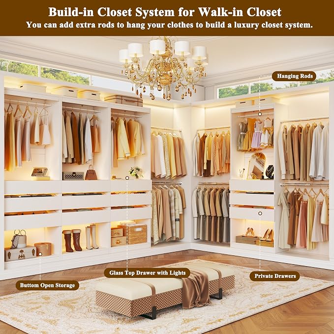 HUAHUU Freestanding 2FT Closet System with 3 Wood Drawers & Glasstop, 24" Closet Organizer System with Hanging Rod & LED Lights, Walk-in Closet Systems for Small Closets, White (24"L x 16" W x 80" H)