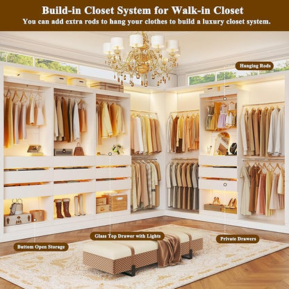 HUAHUU Freestanding 2FT Closet System with 3 Wood Drawers & Glasstop, 24" Closet Organizer System with Hanging Rod & LED Lights, Walk-in Closet Systems for Small Closets, White (24"L x 16" W x 80" H)