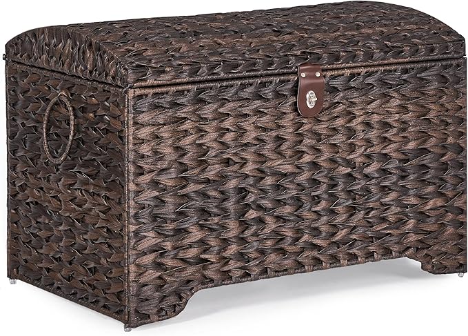 Honjourai Handwoven Storage Basket with Lid, 178L Plastic Rattan Storage Bin, Leather Buckle & Metal Frame, Large Metal Ring Handles, Storage Trunk for Bedroom, Laundry Room