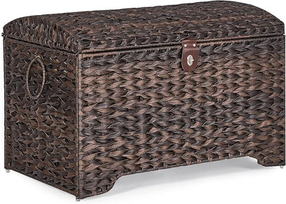 Honjourai Handwoven Storage Basket with Lid, 178L Plastic Rattan Storage Bin, Leather Buckle & Metal Frame, Large Metal Ring Handles, Storage Trunk for Bedroom, Laundry Room