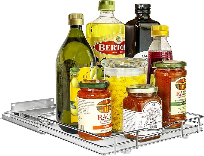 LYNK PROFESSIONAL® Pull Out Spice Organization for Cabinets - 12-3/8 inch Wide – Spice Rack for Inside Cabinets, Slide Out Spice Rack Organizer for cabinet – Pull Out Spice Rack, Sliding 1 Tier Chrome