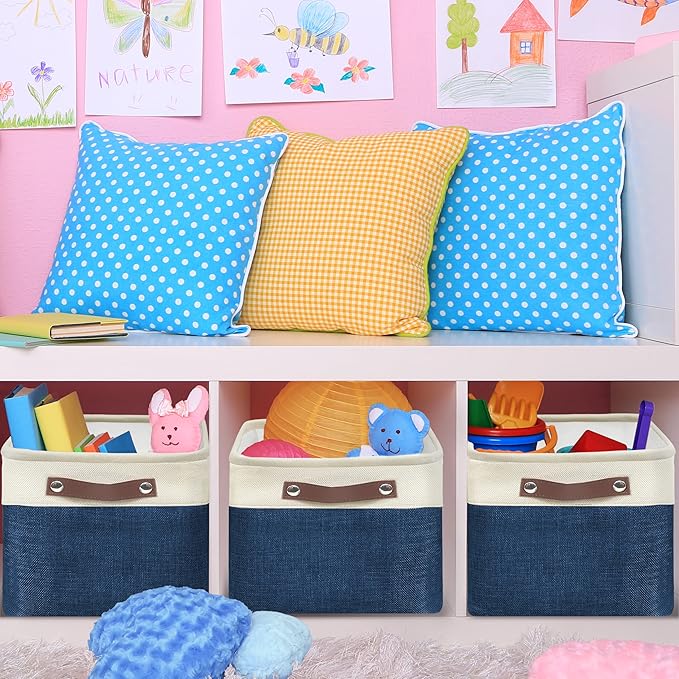 Simple Houseware 15" x 11" Large Fabric Storage Bin for Closet and Shelves, Leather Like Handles, 3 Pack, Steel Blue