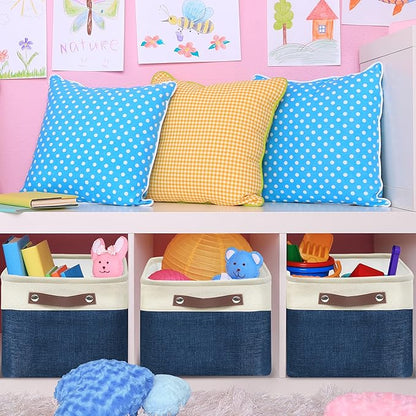 Simple Houseware 15" x 11" Large Fabric Storage Bin for Closet and Shelves, Leather Like Handles, 3 Pack, Steel Blue