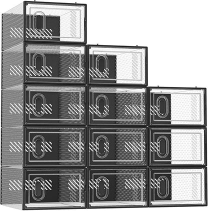 SIMPDIY Shoe Storage, 12 Pack Shoe Organizer for Closet, Shoe Boxes Clear Plastic Stackable Shoe Containers with Lids for Size 10, Black