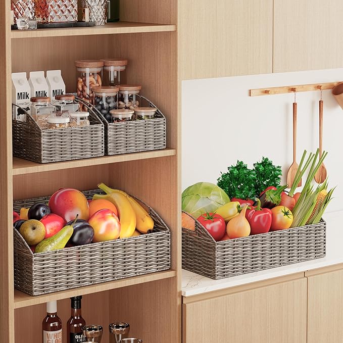 Rattan Storage Baskets, Handwoven Wicker Storage Bins with Built-in Handles, Storage Container Baskets for Shelves, Bedroom, Bathroom, Laundry Room or Kitchen(Grey)