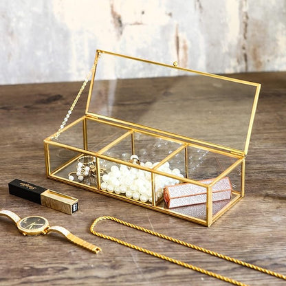 Vintage Golden Glass Lidded Box Clear Glass & Brass Metal Storage Jewelry and Cosmetic Makeup Organizer with Lid Beauty Display, Rectangle with 3 Compartment