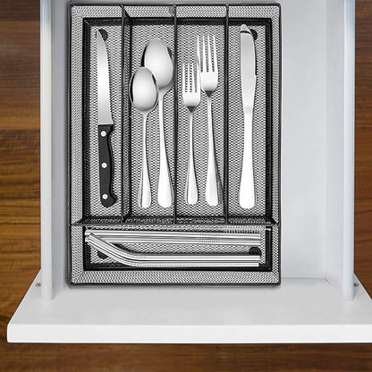 E-far Silverware Drawer Organizer, Mesh Wire Utensil Tray Drawer Organizer for Kitchen, Black Narrow Metal Flatware Cutlery Holder/Divider, 5 Compartment & Small Size - 12.5 x 9.25-Inch