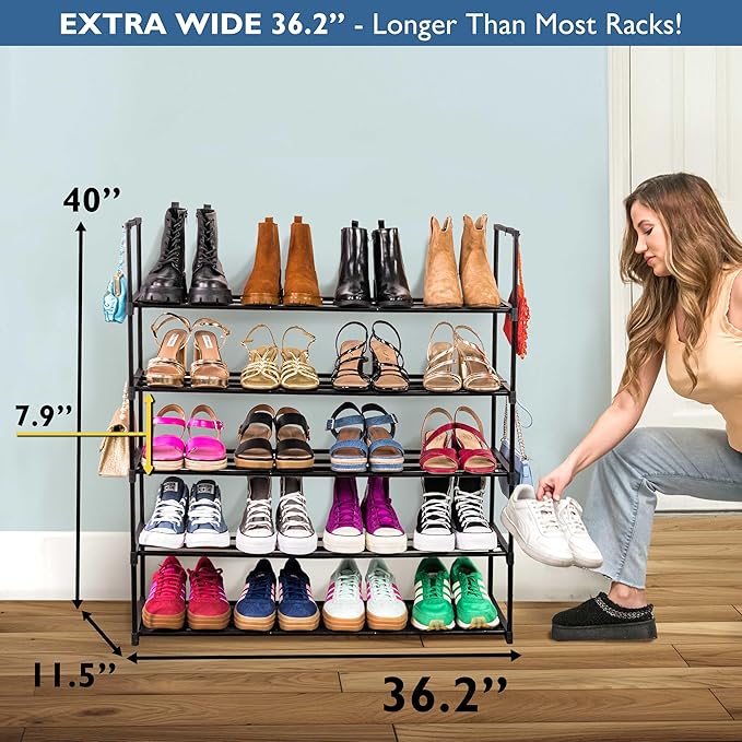 Sundaze Shoe Rack - 5 Tier Metal Shoe Rack for Front Door Entrance, Sturdy Long Shoe Organizer for Closet, Bedroom, Entryway, Garage, Black Metal Shoe Shelf, Holds Up to 25 Pairs