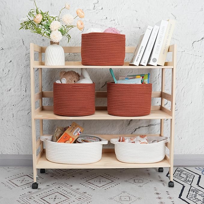 XUANGUO Woven Cotton Storage Baskets - 3-Pack Round Bins (10x10x7'') for Shelves, Closets & Bookcases | Durable Rope Organizers for Nursery, Baby, Toys, Easter & More (rustic)