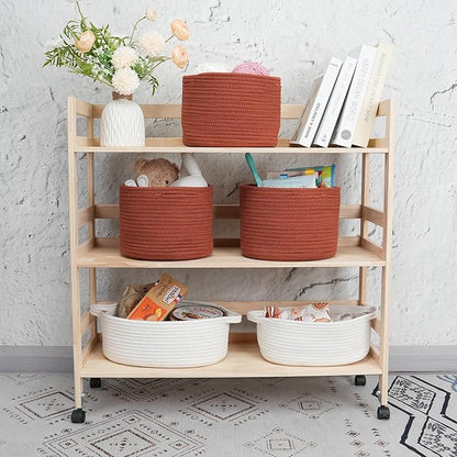 XUANGUO Woven Cotton Storage Baskets - 3-Pack Round Bins (10x10x7'') for Shelves, Closets & Bookcases | Durable Rope Organizers for Nursery, Baby, Toys, Easter & More (rustic)