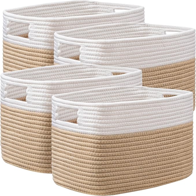 UBBCARE 4 Pack Storage Baskets for Organizing, Shelf Baskets with Handles, Woven Storage Baskets for Bookcase/Cube Shelf/Closet, 14.5"L x 9.8"W x 9"H, White&Brown