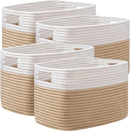 UBBCARE 4 Pack Storage Baskets for Organizing, Shelf Baskets with Handles, Woven Storage Baskets for Bookcase/Cube Shelf/Closet, 14.5"L x 9.8"W x 9"H, White&Brown