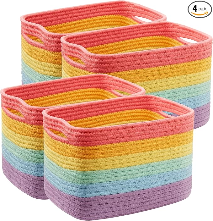 Rainbow Rope Basket for Storage 4 Pack Cotton Rectangular Baskets for Shelves Woven Toy Storage Bins for Nursery Kids in Classroom 12.7"Lx9"Wx7.9"H
