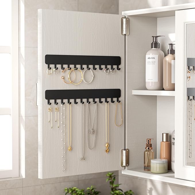 Wall-Mounted Jewelry Organizer, Self-Adhesive Hanging Holder with Hooks for Necklaces, Bracelets, Earrings - Display Storage for Women, 2PCS, Black
