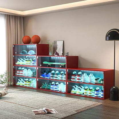 Sneaker Display Case with Lights featuring LED Intelligent Control Shoe Storage Box, Stackable LED Shoe Box Wood Shoe Display Case for Luxury Sneaker Storage (Red 2-layer)