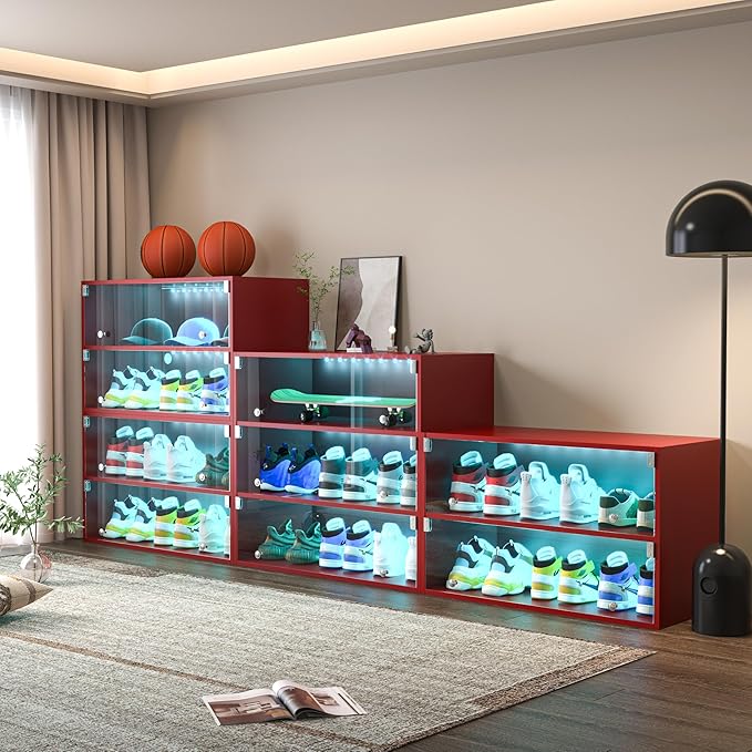 LED Wooden Shoe Box With Glass Door, Storage Organizer With RGB Light for Up to 6 Pairs, Display Bin for Sneakers (Red, 2 Layers)