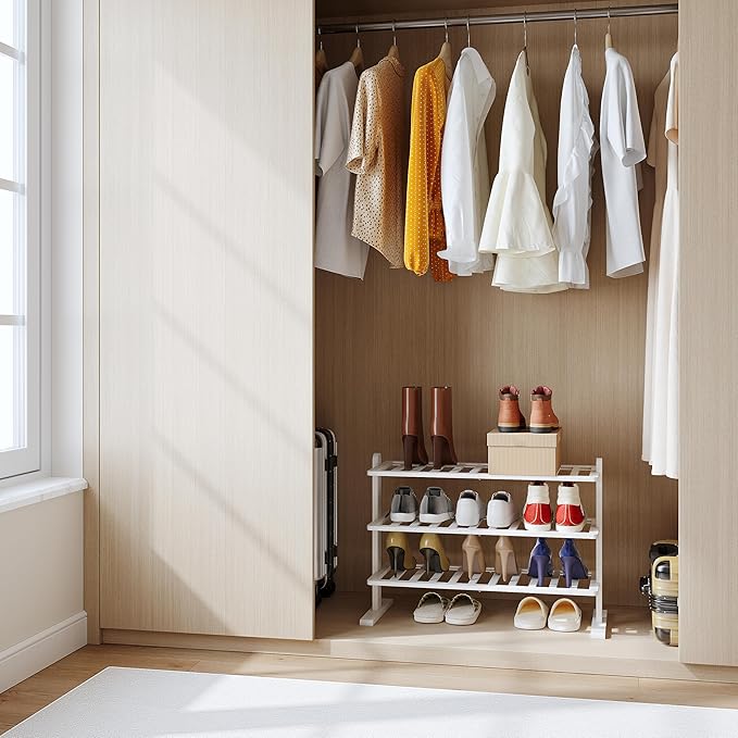Varhomax White Shoe Rack, Bamboo Shoe Rack Organizer for Closet and Entryway, Thick Wooden Free Standing Shoe Shelf for Small Spaces, Sturdy & Versatile for Bedroom, Bathroom, Garage (3-Tier)