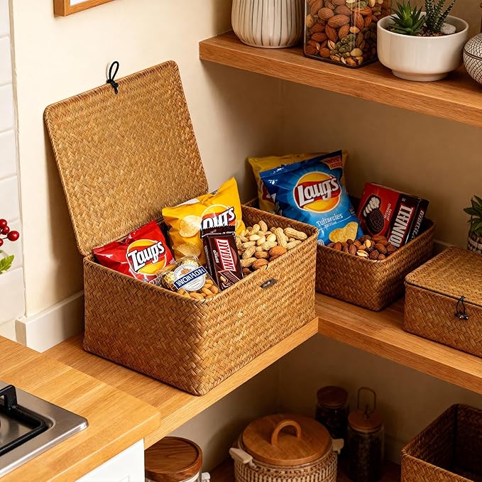Nonam Seagrass Storage Large Basket with Lid,Wicker Basket Storage Bin with Lid for Shelves,Boho Decor,Handwoven Shelf Basket for Organizing-Storage Container Box for Home Organization-Natural