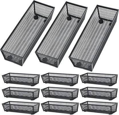 Neudeco Silverware Organizer,Mesh Drawer Organizer for Kitchen，Metal Utensil Organizer for Flatware, Knives, Spoons,Cosmetic (Black 9 * 3 * 2 inch Pack12)