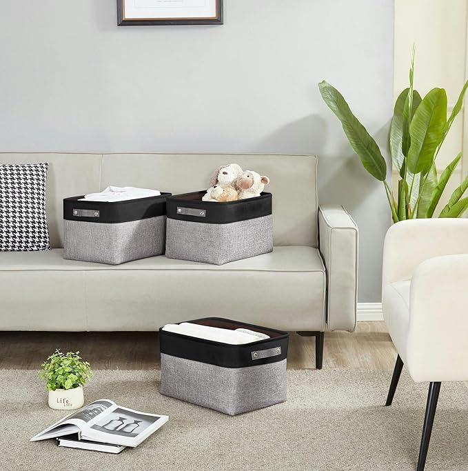 DECOMOMO Storage Bins, Large Fabric Storage Baskets for Shelves, Decorative Linen Closet Organizer, 15 x 11 x 9.5 inches (Grey & Black, 4 Pack)