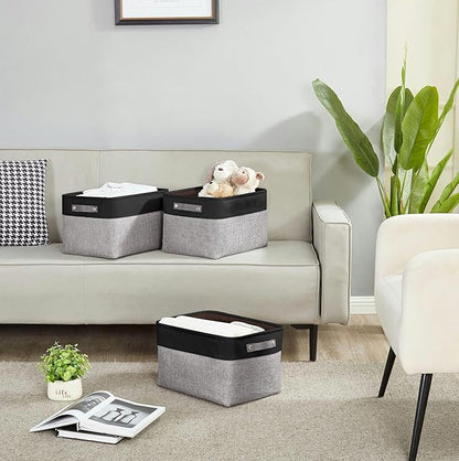 DECOMOMO Storage Bins, Large Fabric Storage Baskets for Shelves, Decorative Linen Closet Organizer, 15 x 11 x 9.5 inches (Grey & Black, 4 Pack)