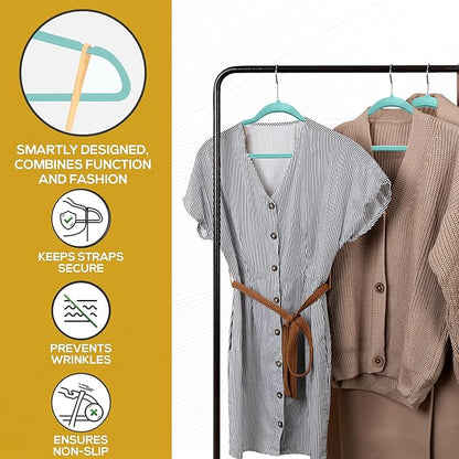 Techzoo 50 Pack New Premium Quality Velvet Hangers Ultra Thin Non Slip Adult Felt Space Saving Hangers for Closet Heavy Duty Coat Pants Dress Hangers 360° Swivel Hook Hold Upto 10 lbs Teal