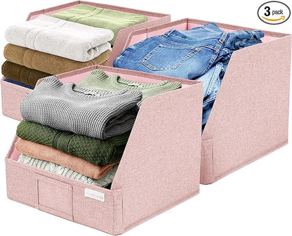 VIVIDECOR Open Front Trapezoid Closet Bins 12x12x10 – Easy Access Shelf Organizer for Clothes, Sweaters, Nursery Storage – Pink, 3 Pack