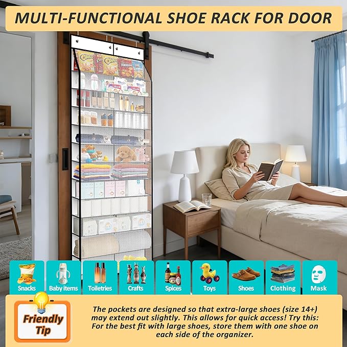 Kotkn 24-Pair Over Door Shoe Organizer for Family & Kids, Double Sided | Hanging Storage for Sneakers, Boots, Toys & Room Organization-Pearl White