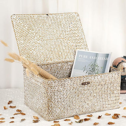 Hipiwe Wicker Woven Baskets Bin with Lid Natural Seagrass Basket Storage Bin Rectangular Household Basket for Shelf Wardrobe Home Decor, Whitewash, X-Large