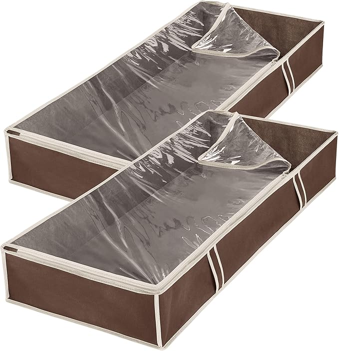 Whitmor Under Bed Storage Bags 2 Pack, Zippered Underbed Storage Containers with Clear Window and Handles, Foldable Clothes Blanket Storage Organizer, 18 x 42 x 6 Inches, Java