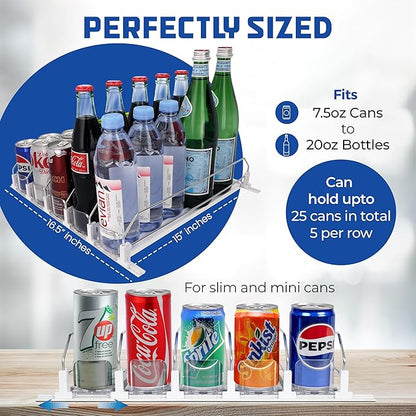 Drink Organizer for Fridge-White Automatic Pusher Glide,12oz 16oz 20oz-Soda Dispenser for Fridge-Holds up to 25 Cans