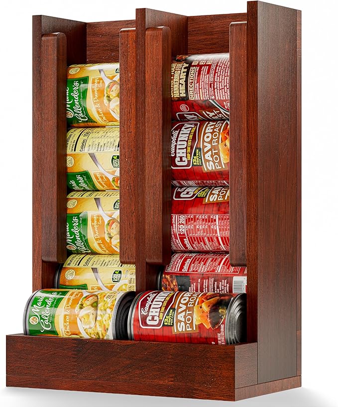 HOMESTEAD Wooden Can Organizer for Pantry, Solid Wood Canned Food Rack, Holds Standard 14.2 oz Cans, Space-Saving Kitchen Storage for Cabinets & Countertops (Brown)