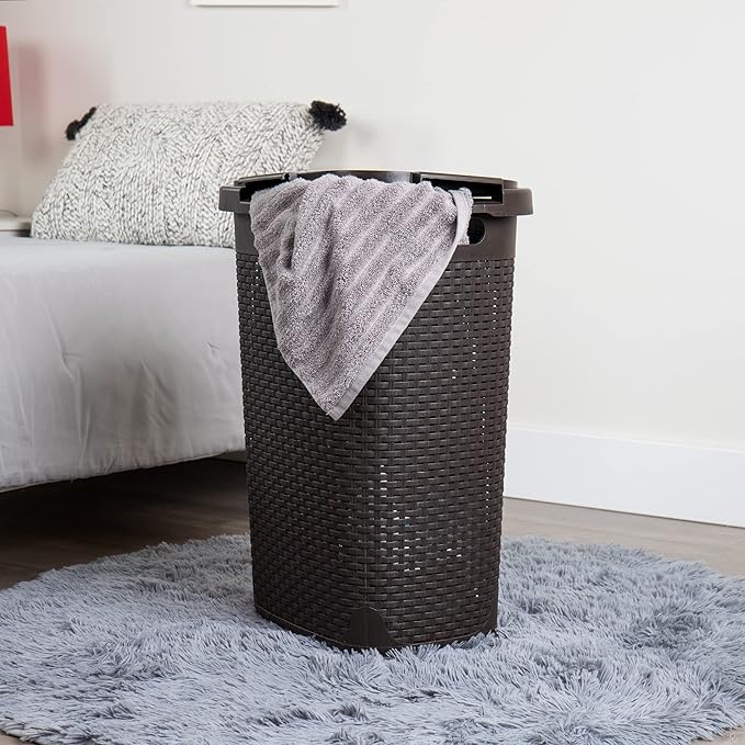 Mind Reader Slim Laundry Hamper with Lid, 60L Tall Clothes Basket, Narrow Tapered Design for Bathrooms, Closets and Laundry Rooms, Plastic, 2 Pack, Brown