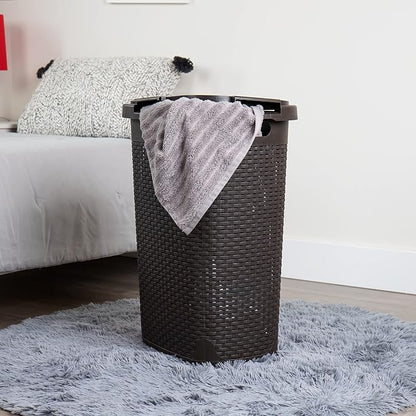 Mind Reader Slim Laundry Hamper with Lid, 60L Tall Clothes Basket, Narrow Tapered Design for Bathrooms, Closets and Laundry Rooms, Plastic, 2 Pack, Brown