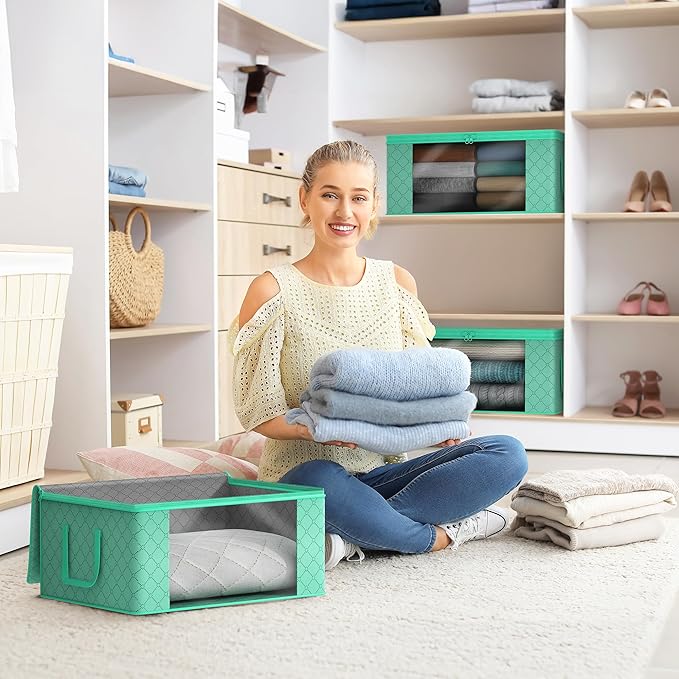 Sorbus Medium Clothes Storage Bags - Foldable Blanket Storage Bins for Organizing Bedroom, Closet, Clothing, Comforter, Organization with Clear Window, Lids and Carry Handles - Set of 6