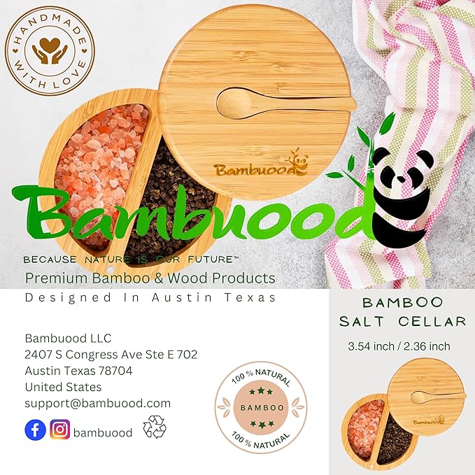 Premium Bamboo Salt Cellar with 2 Compartment Swivel Magnetic Lid - 100% Handmade, Elegant Salt & Spices Storage Box and Multi-Use Container with Mini Spoon.